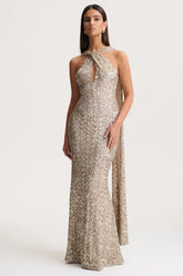 Renelle | Gold Sequin Halter-Neck Maxi Dress