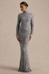 Galaxy | Silver Sequin Turtle-Neck Long-Sleeve Maxi Dress