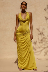 Mademoiselle | Yellow Cowl-Neck Maxi Dress With Draped Detailing