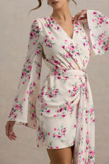 Goldie | Cream Floral Print Chiffon Long-Sleeve Wrap Mini Dress