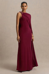 Cressida | Burgundy Asymmetric-Neck Maxi Dress With Cape