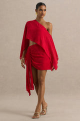 Melania | Red Satin Devore Wrap Mini Skirt With Sash Detail