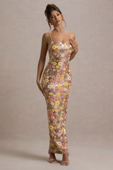 Vitora | Pastel Floral Print Sequin Square-Neck Maxi Dress