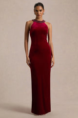 Darya | Burgundy Velvet Embellished High-Neck Maxi Dress