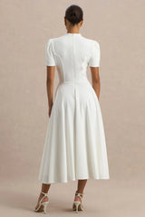 Vicky | White High Neck Midi Dress With Puff Sleeves