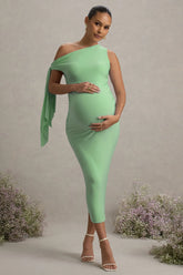 Katarine | Light Green Asymmetric Knot Maternity Midi Dress