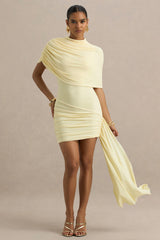 Farrah | Pale Lemon High-Neck Draped Mini Dress With Sash