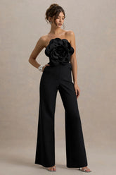 Opia | Black Bandeau Wide-Leg Jumpsuit With Large Floral Corsage