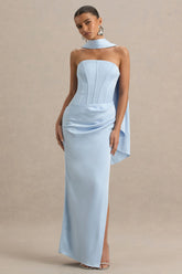 Joseline | Powder Blue Satin Corset Wrap Maxi Dress With Scarf