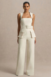 Solice | Cream Square-Neck Tailored Jumpsuit