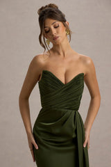 Edel | Olive Satin Strapless Maxi Dress With Drape