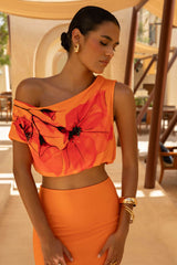 Lia | Orange And Red Placement Floral Print Asymmetric Crop-Top