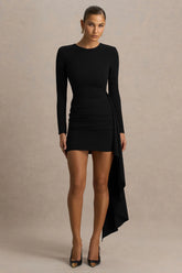 Zaya | Black Long Sleeve Mini Dress With Drape