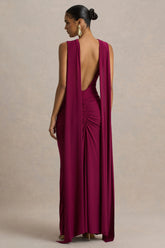 Premiere | Burgundy Boat-Neck Maxi Dress With Open-Back And Cape-Sleeves