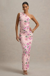 Dalarie | Pink Floral Print One-Shoulder Gathered Maxi Dress