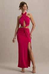 Aura | Hot Pink Halter-Neck Cut-Out Split Maxi Dress