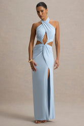 Aura | Powder Blue Halter-Neck Cut-Out Split Maxi Dress