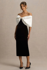 Twilight | Black And White Velvet Bardot-Neck Midi Dress With Oversized Bow