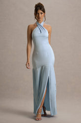 Sansa | Powder Blue Satin Cross Halter-Neck Plisse Maxi Dress