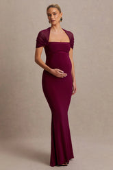 Dome | Burgundy Square-Neck Mesh-Sleeve Maternity Maxi Dress