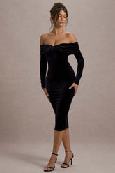 Compliment | Black Velvet Bardot Midi Dress