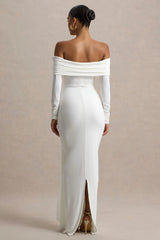 Jovie | White Bardot Wrap Maxi Dress With Sash Detail