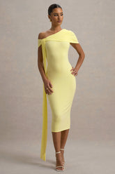 Vallea | Lemon One-Shoulder Draped Midi Dress
