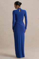 Alluring | Blue High Neck Maxi Dress With Ruched Detailing