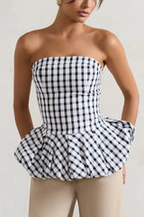 Roll With It | Black & White Gingham Bandeau Ruffle Top