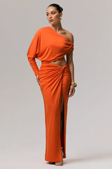 Dua | Orange Asymmetric One-Sleeve Draped Top
