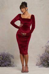 New Life | Berry Velvet Maternity Square Neck Ruched Midi Dress