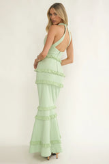 Haze Frill Trim Halterneck Maxi Dress Sage