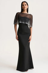 Everly | Black Hand-Embellished Cape-Sleeve Maxi Dress