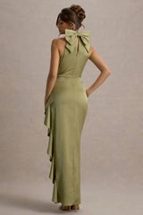 Maureen | Light Green Satin High-Neck Draped Maxi Dress