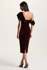 High End | Burgundy Velvet Asymmetric-Neck Midi Dress With Draped Detailing