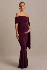 Aquila | Burgundy Bardot Maternity Maxi Dress With Drape Sleeve
