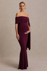Aquila | Burgundy Bardot Maternity Maxi Dress With Drape Sleeve
