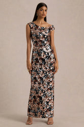 Electric | Black Sequin Floral Velvet Asymmetric-Neck Maxi Dress