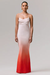 Lucie | Red Ombre Satin Cowl-Neck Maxi Dress