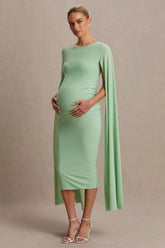 Providence | Light Green High-Neck Maternity Midi Dress With Cape Sleeves