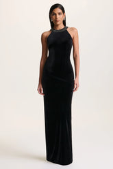 Darya | Black Velvet Embellished High-Neck Maxi Dress