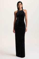Darya | Black Velvet Embellished High-Neck Maxi Dress
