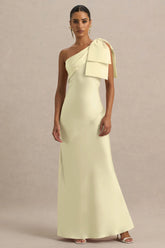 Valerie | Lemon Satin Asymmetric-Neck Maxi Dress With Bow Detail