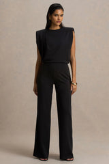 Tiff | Black Crew-Neck Jumpsuit With Draped Detailing