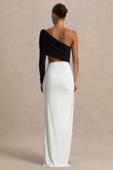 Malika | Black And White Asymmetric-Neck Maxi Dress With Body-Cut Out And Ruched Detailing