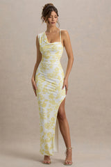 Sitara | Lemon Porcelain Print Cowl-Neck Maxi Dress With Asymmetric Skirt