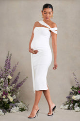 Just Wait | White Asymmetric Strappy Maternity Midi Dress With Drape