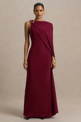 Cressida | Burgundy Asymmetric-Neck Maxi Dress With Cape