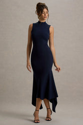 Janice | Navy High-Neck Hanky-Hem Maxi Dress