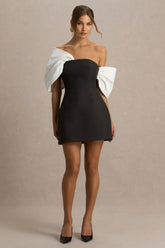 Tindra | Black And White Satin Bandeau-Neck Mini Dress With Bow Sleeves